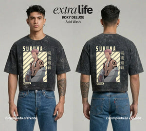 Playera streetwear premium de anime y gaming ExtraLife MX, corte boxy deluxe mineral wash heavyweight en color Acid Wash, moda urbana mexicana de culto.