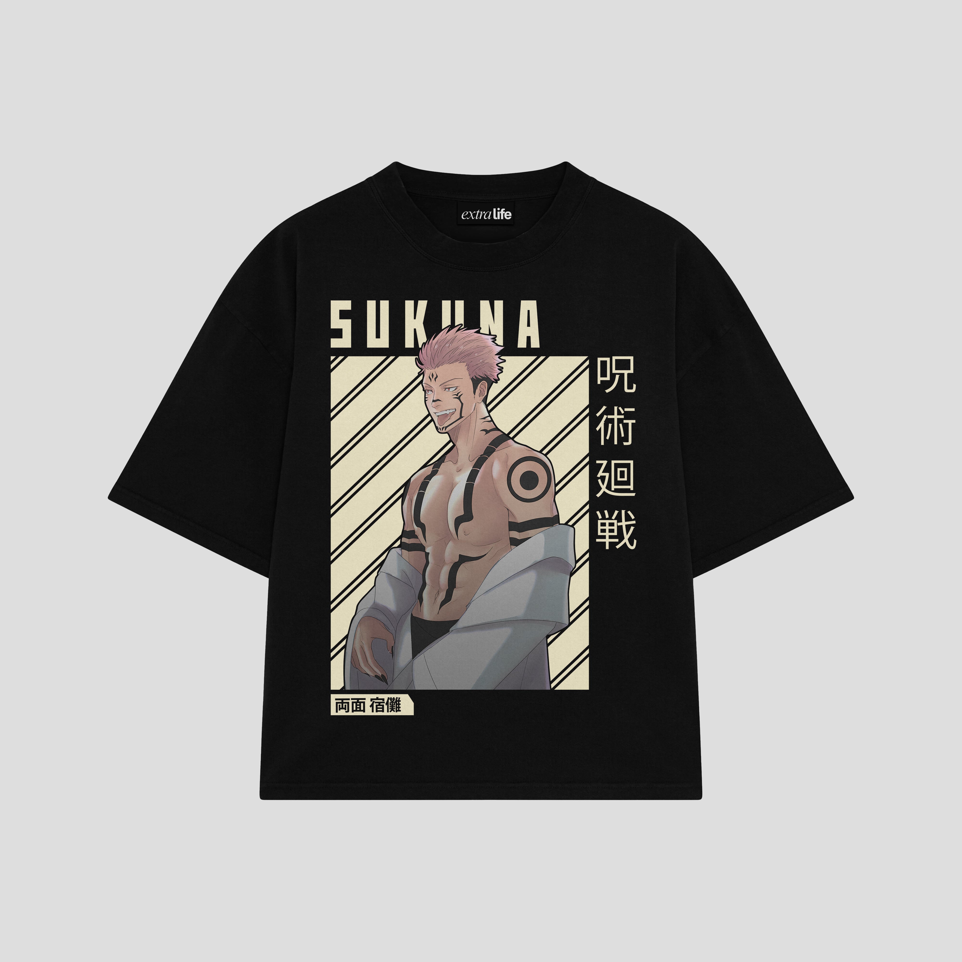 Playera streetwear premium de anime y gaming ExtraLife MX, corte boxy oversized drop shoulder heavyweight en color Deep Black y Off-White, moda urbana mexicana de culto.