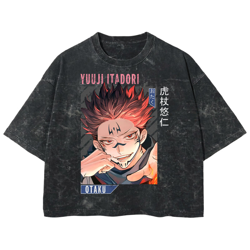 Playera streetwear premium de anime y gaming ExtraLife MX, corte boxy deluxe mineral wash heavyweight en color Acid Wash, moda urbana mexicana de culto.