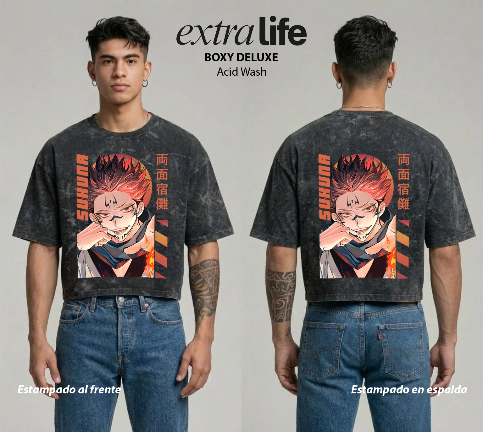 Playera streetwear premium de anime y gaming ExtraLife MX, corte boxy deluxe mineral wash heavyweight en color Acid Wash, moda urbana mexicana de culto.