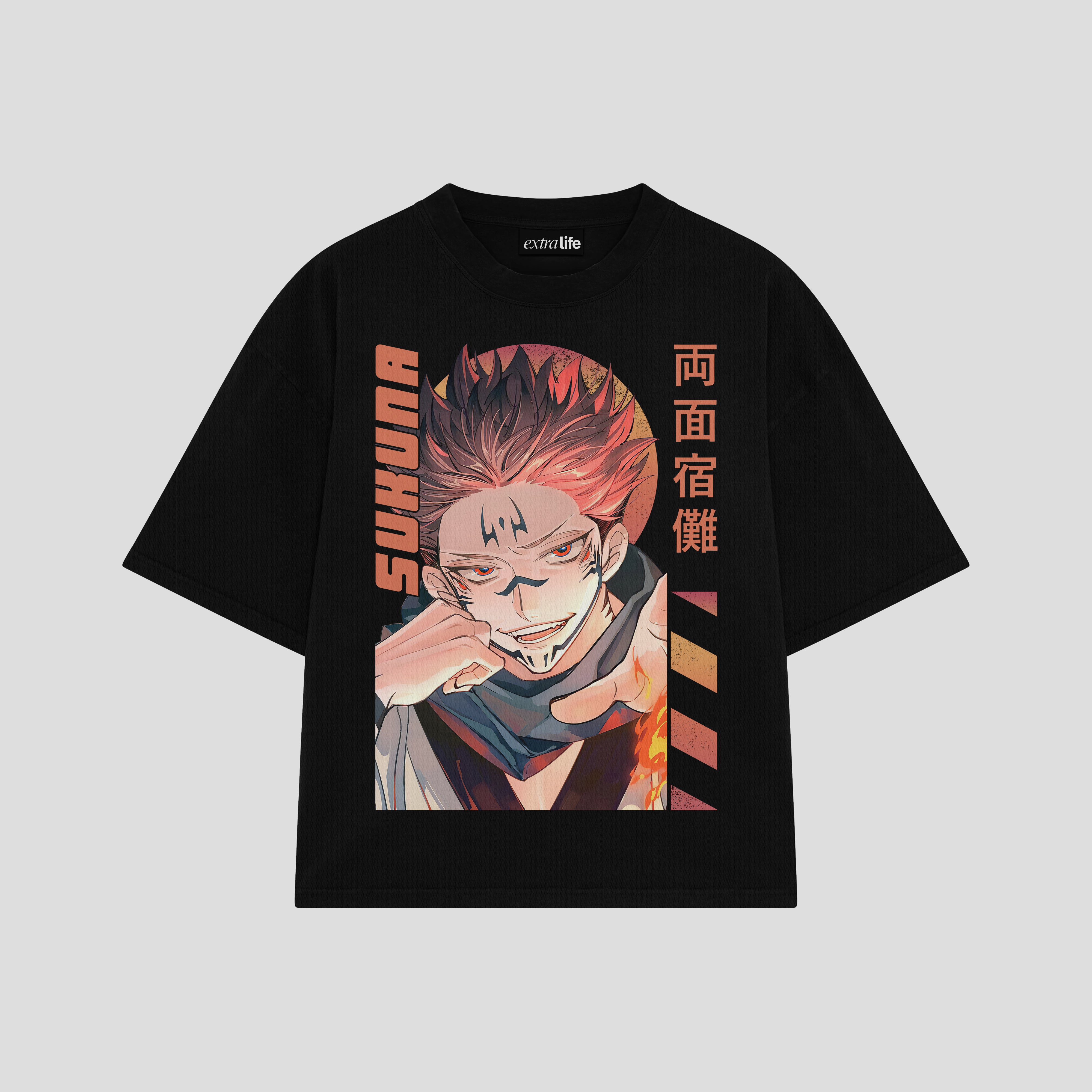 Playera streetwear premium de anime y gaming ExtraLife MX, corte boxy oversized drop shoulder heavyweight en color Deep Black y Off-White, moda urbana mexicana de culto.