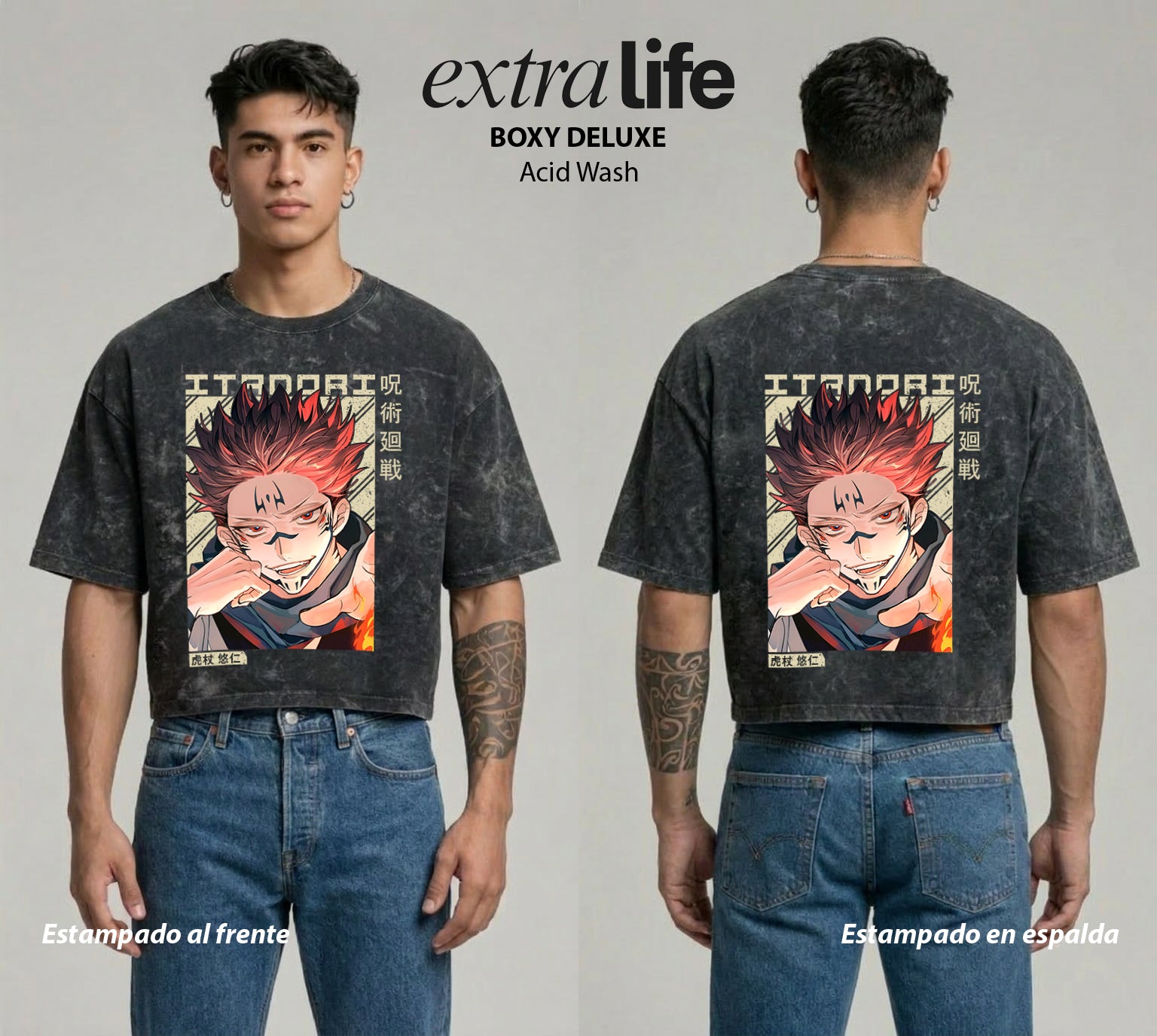 Playera streetwear premium de anime y gaming ExtraLife MX, corte boxy deluxe mineral wash heavyweight en color Acid Wash, moda urbana mexicana de culto.