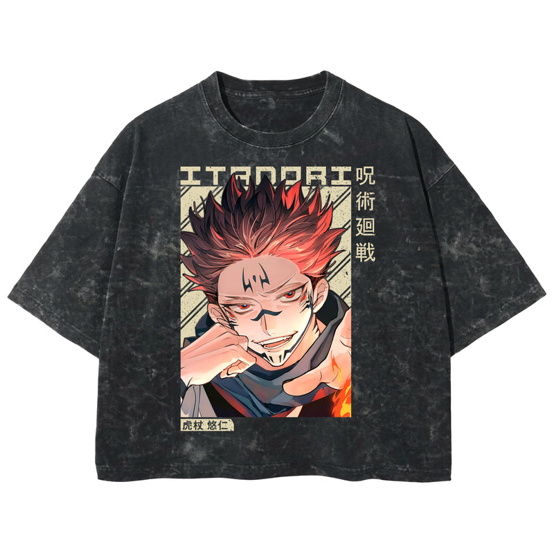 Playera streetwear premium de anime y gaming ExtraLife MX, corte boxy deluxe mineral wash heavyweight en color Acid Wash, moda urbana mexicana de culto.