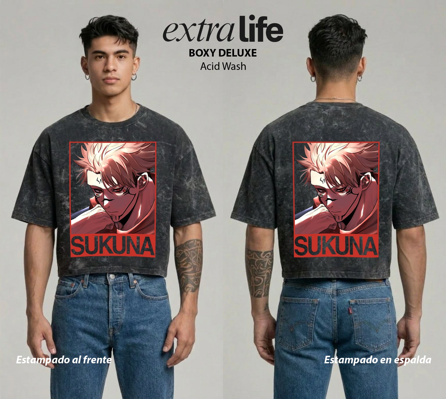 Playera streetwear premium de anime y gaming ExtraLife MX, corte boxy deluxe mineral wash heavyweight en color Acid Wash, moda urbana mexicana de culto.
