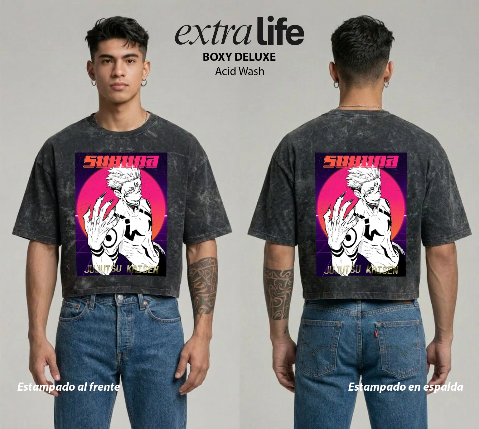 Playera streetwear premium de anime y gaming ExtraLife MX, corte boxy deluxe mineral wash heavyweight en color Acid Wash, moda urbana mexicana de culto.