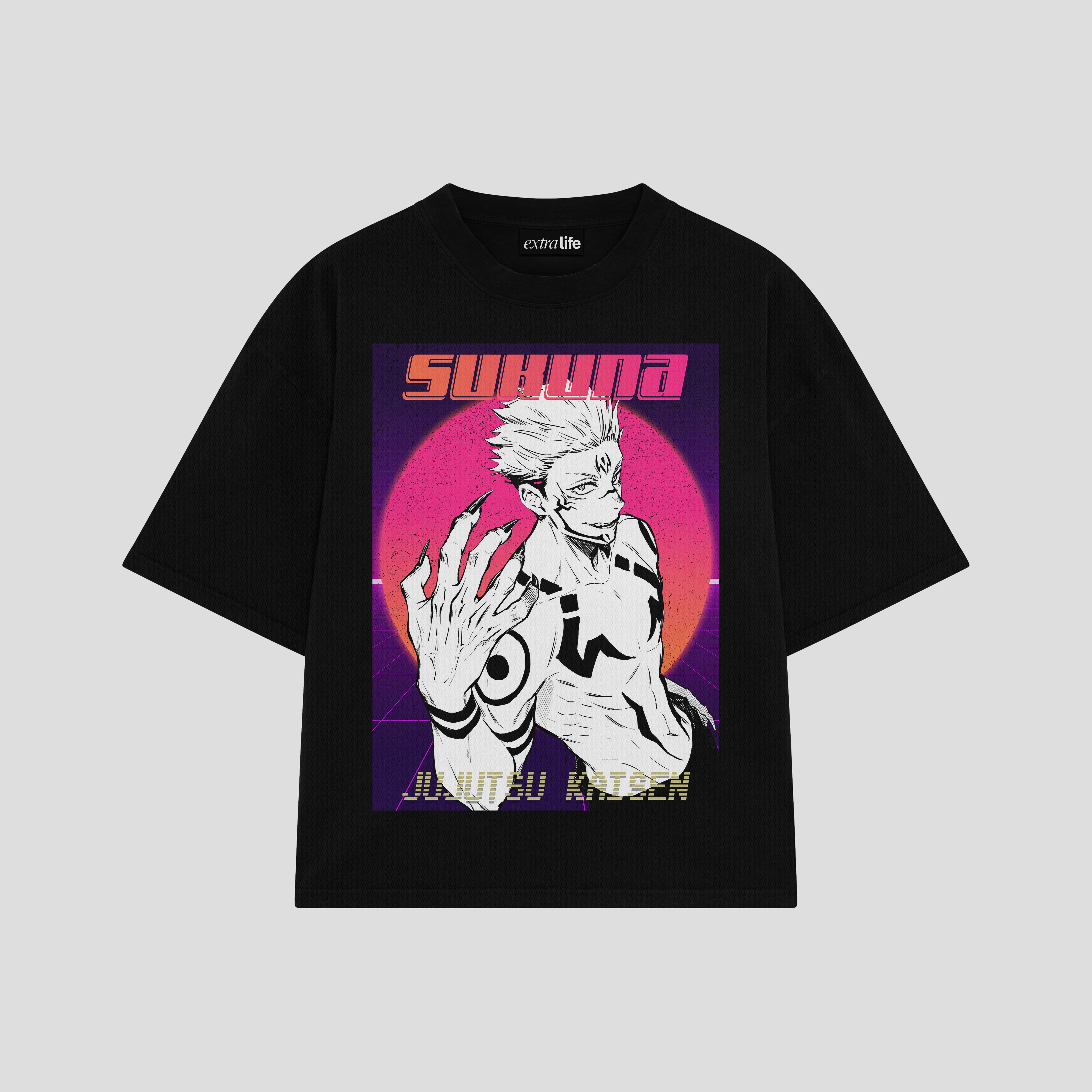Playera streetwear premium de anime y gaming ExtraLife MX, corte boxy oversized drop shoulder heavyweight en color Deep Black y Off-White, moda urbana mexicana de culto.