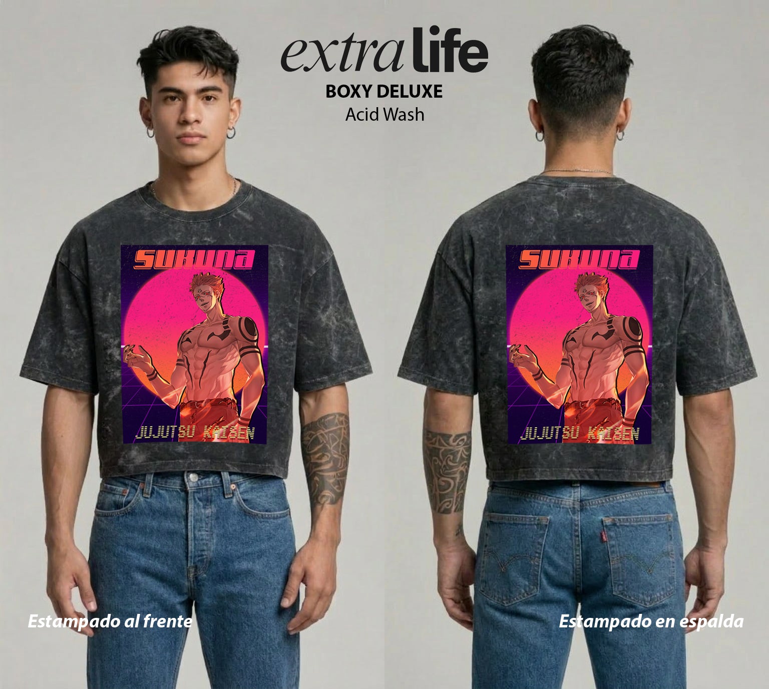 Playera streetwear premium de anime y gaming ExtraLife MX, corte boxy deluxe mineral wash heavyweight en color Acid Wash, moda urbana mexicana de culto.