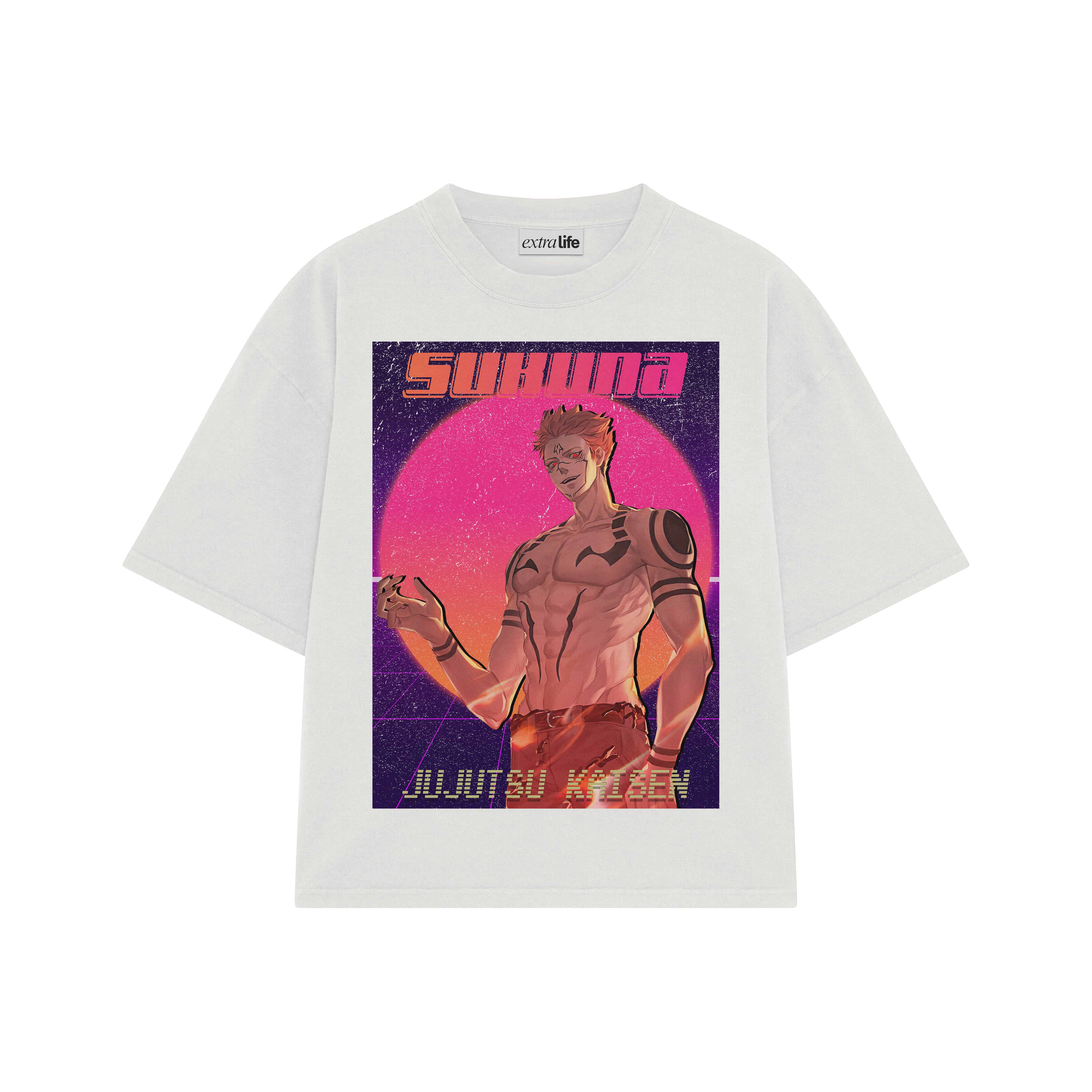 Playera streetwear premium de anime y gaming ExtraLife MX, corte boxy oversized drop shoulder heavyweight en color Deep Black y Off-White, moda urbana mexicana de culto.