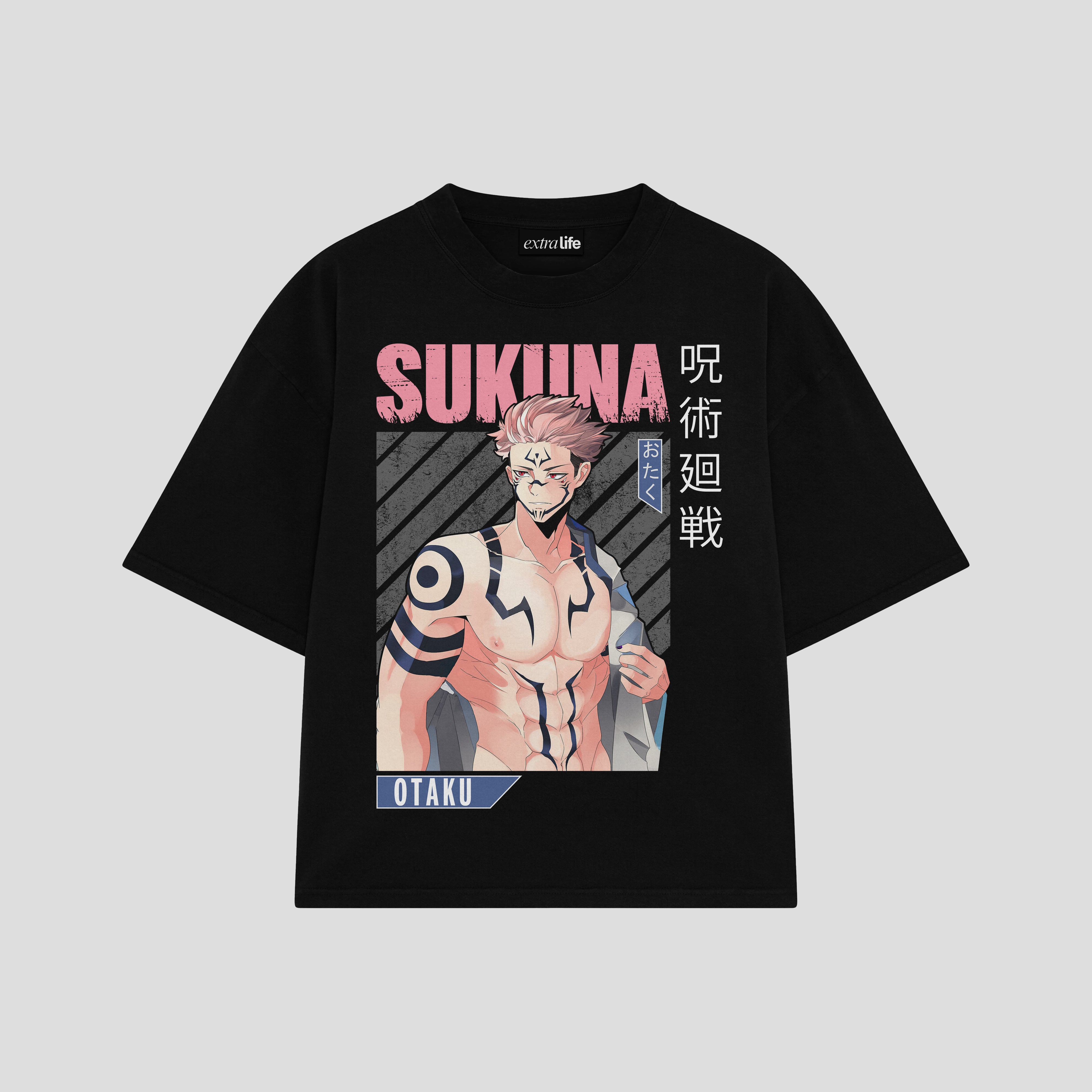 Playera streetwear premium de anime y gaming ExtraLife MX, corte boxy oversized drop shoulder heavyweight en color Deep Black y Off-White, moda urbana mexicana de culto.