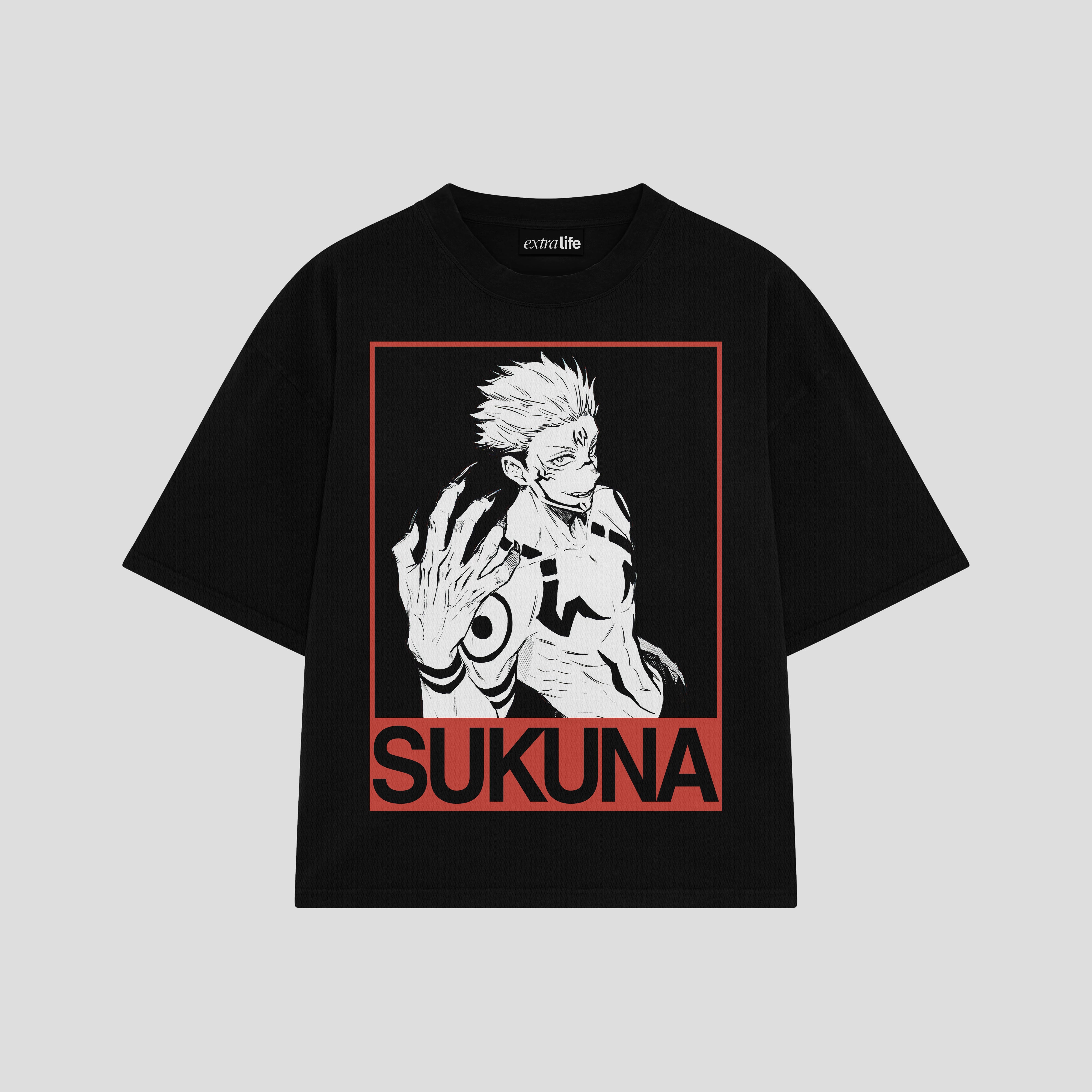 Playera streetwear premium de anime y gaming ExtraLife MX, corte boxy oversized drop shoulder heavyweight en color Deep Black y Off-White, moda urbana mexicana de culto.