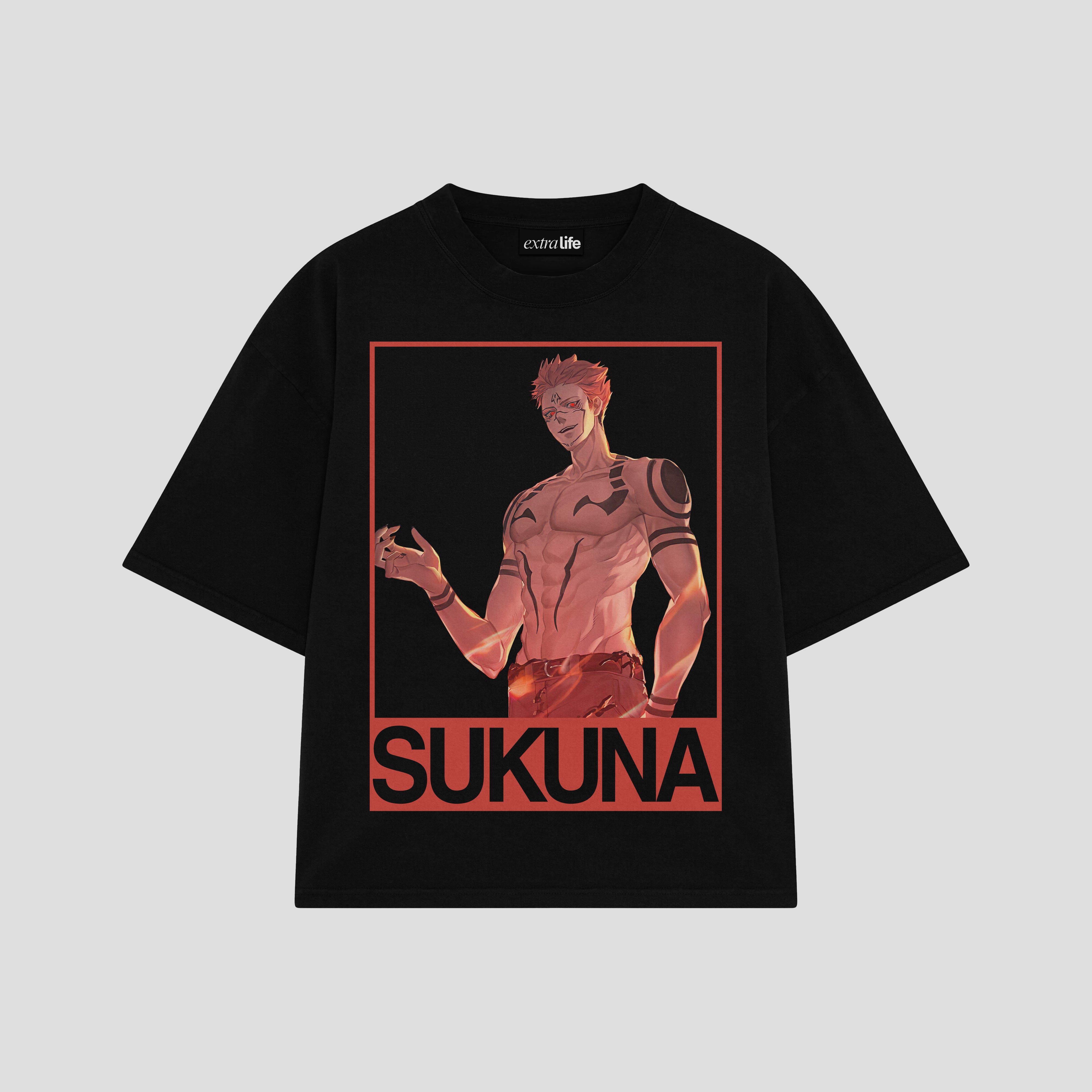 Playera streetwear premium de anime y gaming ExtraLife MX, corte boxy oversized drop shoulder heavyweight en color Deep Black y Off-White, moda urbana mexicana de culto.