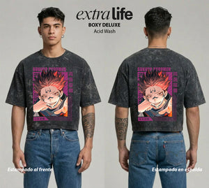 Playera streetwear premium de anime y gaming ExtraLife MX, corte boxy deluxe mineral wash heavyweight en color Acid Wash, moda urbana mexicana de culto.