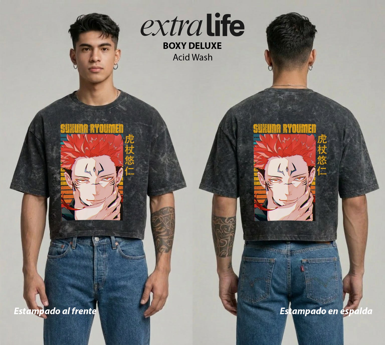 Playera streetwear premium de anime y gaming ExtraLife MX, corte boxy deluxe mineral wash heavyweight en color Acid Wash, moda urbana mexicana de culto.