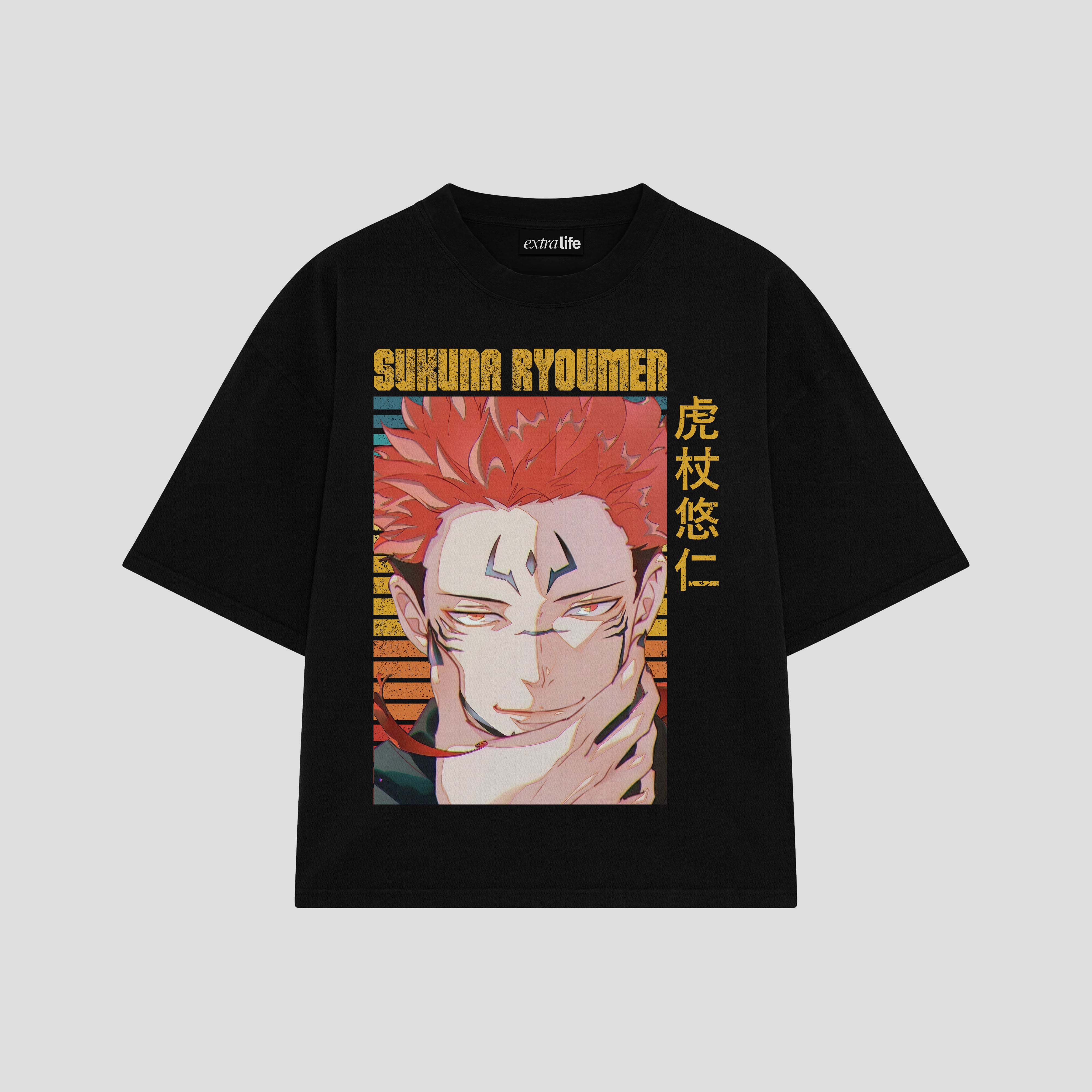 Playera streetwear premium de anime y gaming ExtraLife MX, corte boxy oversized drop shoulder heavyweight en color Deep Black y Off-White, moda urbana mexicana de culto.