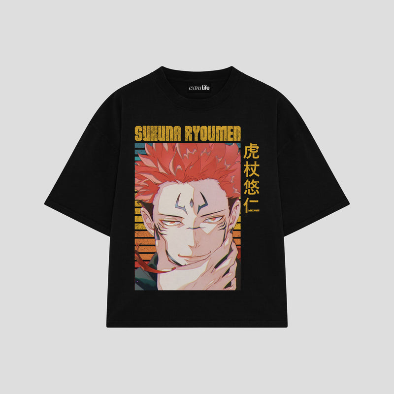 Playera streetwear premium de anime y gaming ExtraLife MX, corte boxy oversized drop shoulder heavyweight en color Deep Black y Off-White, moda urbana mexicana de culto.