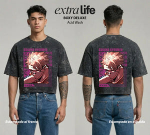 Playera streetwear premium de anime y gaming ExtraLife MX, corte boxy deluxe mineral wash heavyweight en color Acid Wash, moda urbana mexicana de culto.