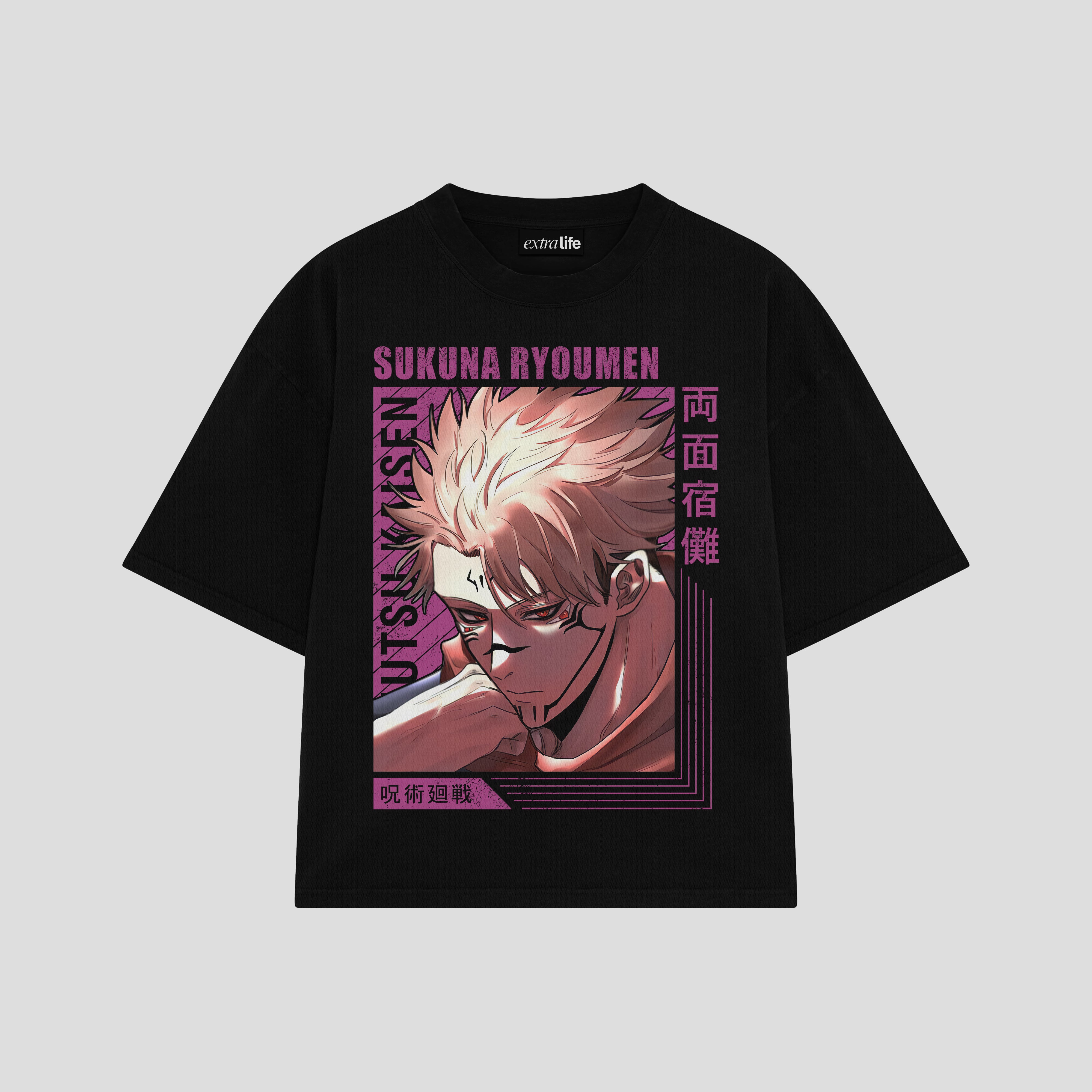 Playera streetwear premium de anime y gaming ExtraLife MX, corte boxy oversized drop shoulder heavyweight en color Deep Black y Off-White, moda urbana mexicana de culto.