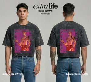Playera streetwear premium de anime y gaming ExtraLife MX, corte boxy deluxe mineral wash heavyweight en color Acid Wash, moda urbana mexicana de culto.