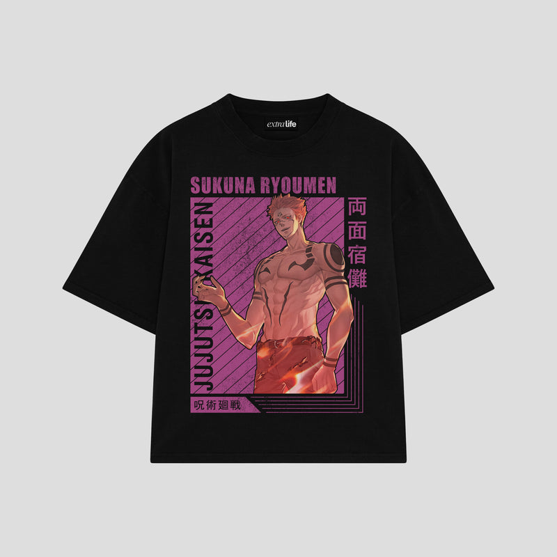 Playera streetwear premium de anime y gaming ExtraLife MX, corte boxy oversized drop shoulder heavyweight en color Deep Black y Off-White, moda urbana mexicana de culto.