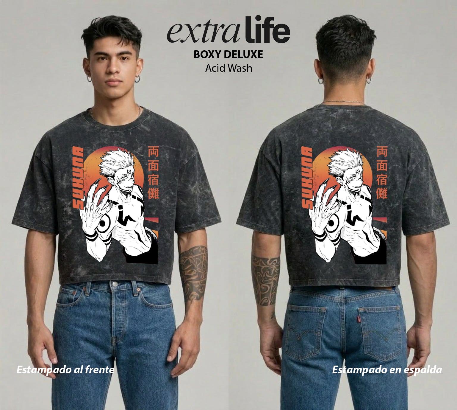 Playera streetwear premium de anime y gaming ExtraLife MX, corte boxy deluxe mineral wash heavyweight en color Acid Wash, moda urbana mexicana de culto.