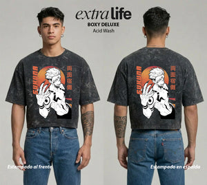 Playera streetwear premium de anime y gaming ExtraLife MX, corte boxy deluxe mineral wash heavyweight en color Acid Wash, moda urbana mexicana de culto.