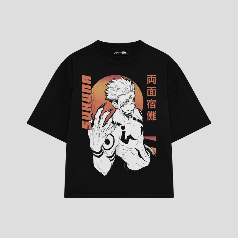 Playera streetwear premium de anime y gaming ExtraLife MX, corte boxy oversized drop shoulder heavyweight en color Deep Black y Off-White, moda urbana mexicana de culto.