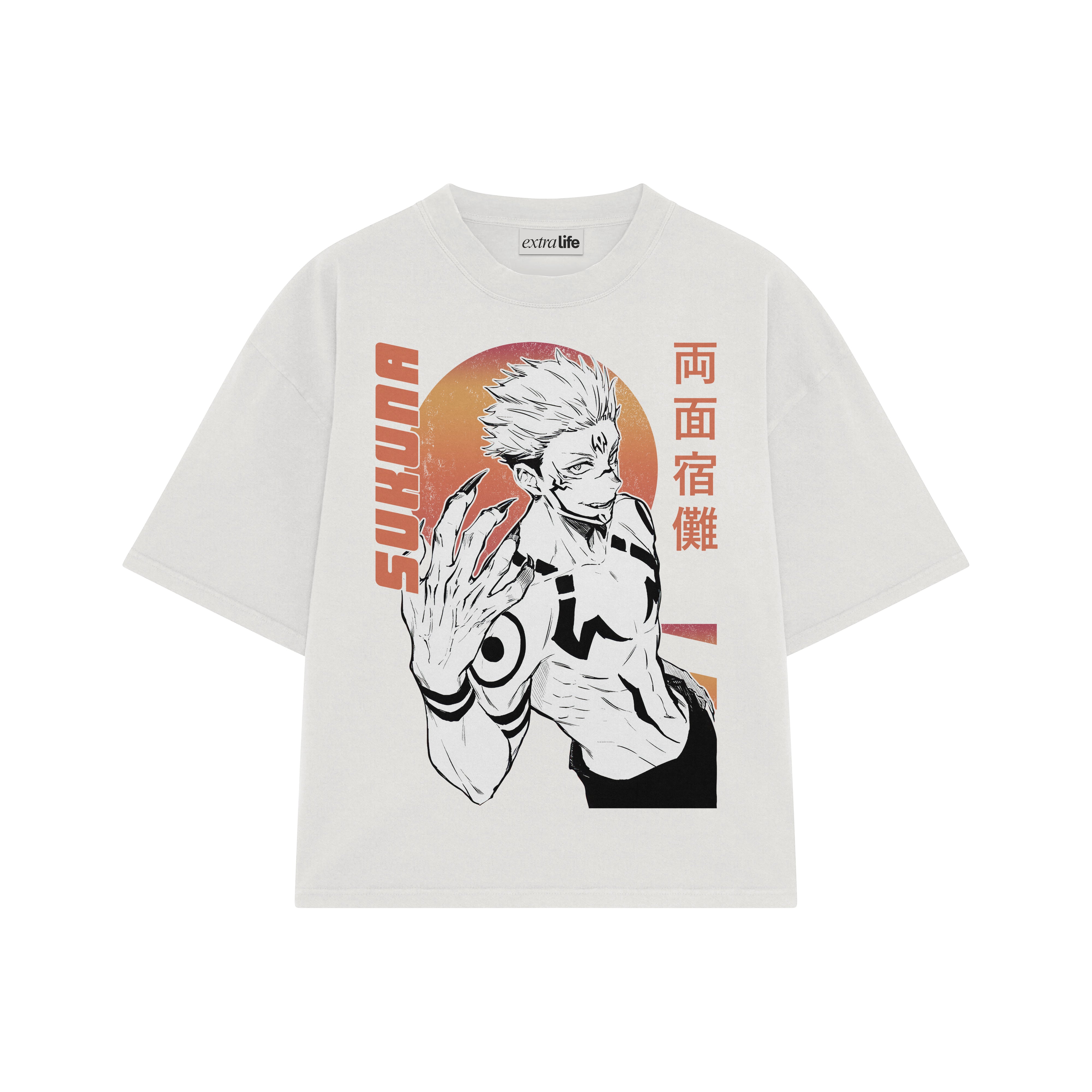 Playera streetwear premium de anime y gaming ExtraLife MX, corte boxy oversized drop shoulder heavyweight en color Deep Black y Off-White, moda urbana mexicana de culto.