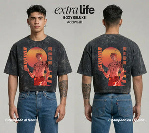 Playera streetwear premium de anime y gaming ExtraLife MX, corte boxy deluxe mineral wash heavyweight en color Acid Wash, moda urbana mexicana de culto.