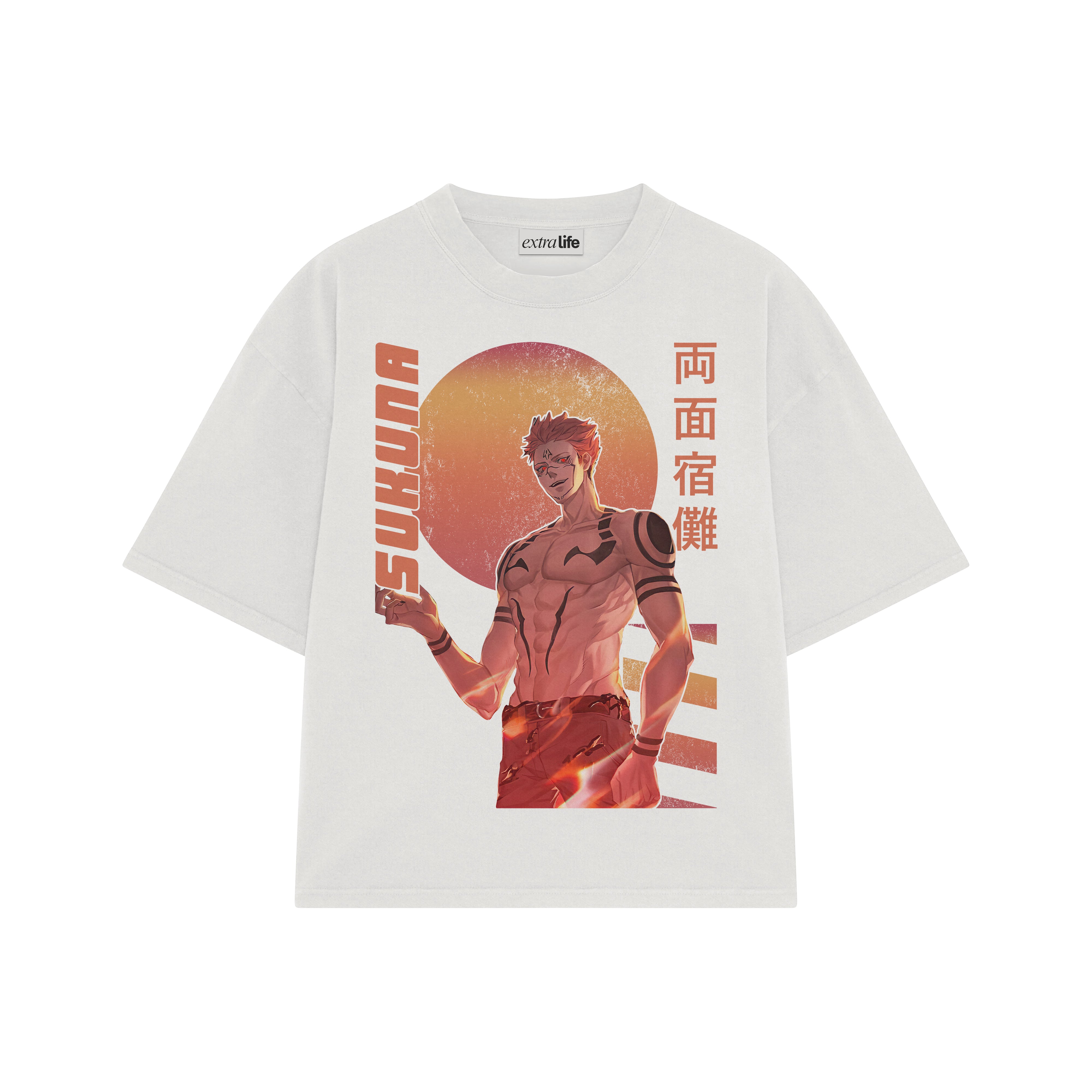 Playera streetwear premium de anime y gaming ExtraLife MX, corte boxy oversized drop shoulder heavyweight en color Deep Black y Off-White, moda urbana mexicana de culto.