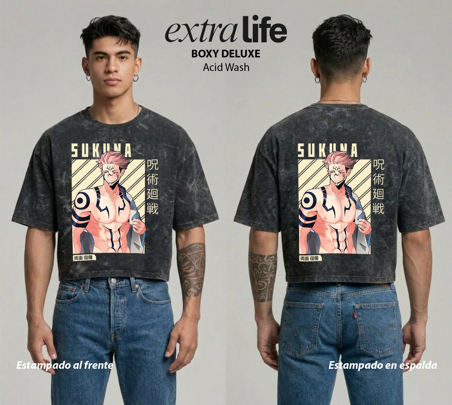 Playera streetwear premium de anime y gaming ExtraLife MX, corte boxy deluxe mineral wash heavyweight en color Acid Wash, moda urbana mexicana de culto.