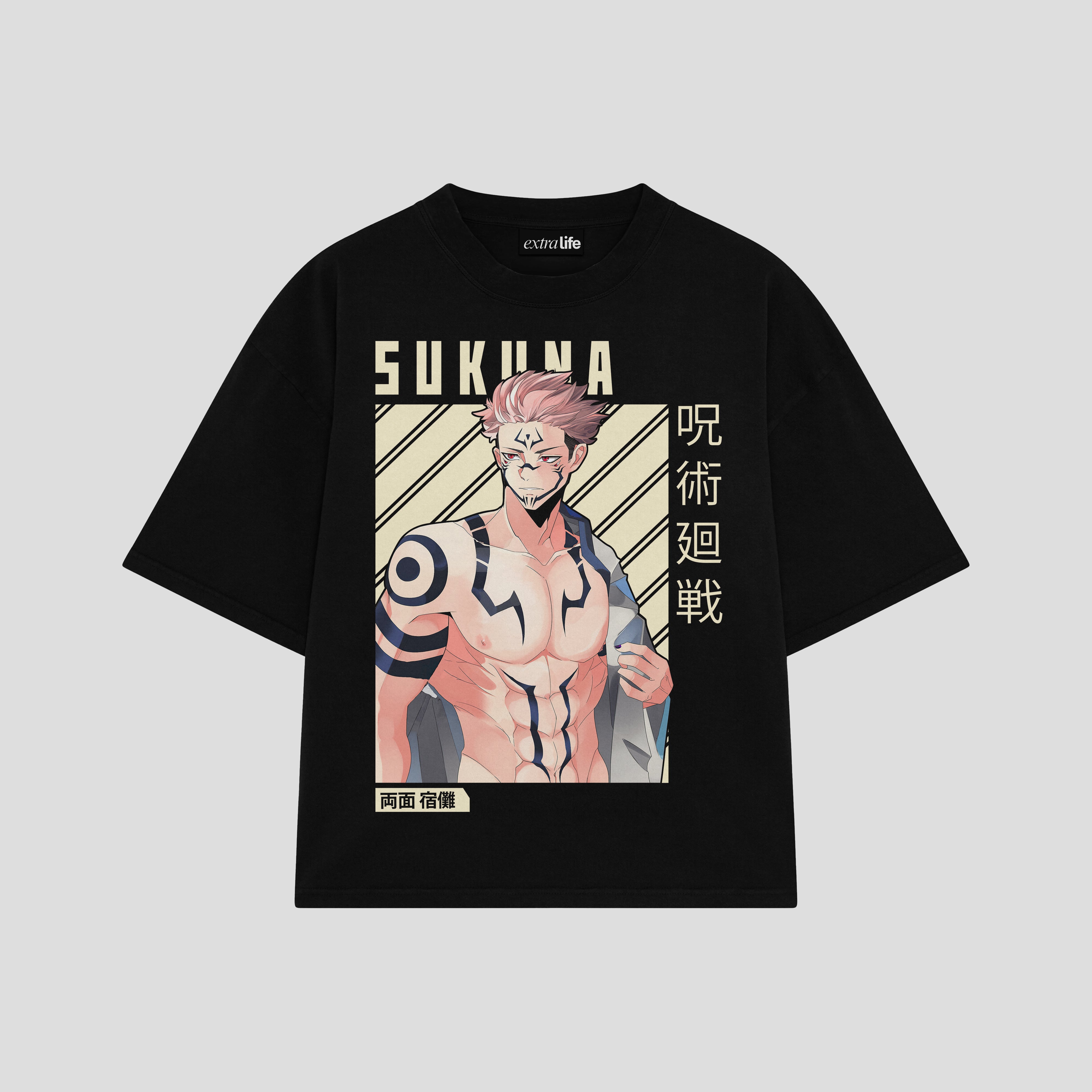 Playera streetwear premium de anime y gaming ExtraLife MX, corte boxy oversized drop shoulder heavyweight en color Deep Black y Off-White, moda urbana mexicana de culto.