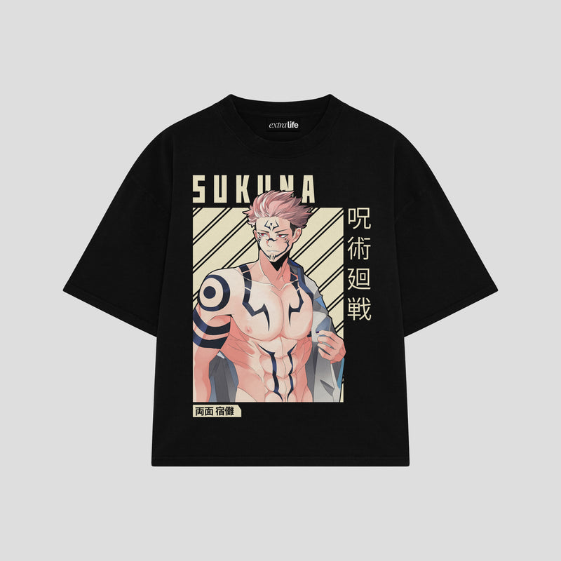 Playera streetwear premium de anime y gaming ExtraLife MX, corte boxy oversized drop shoulder heavyweight en color Deep Black y Off-White, moda urbana mexicana de culto.