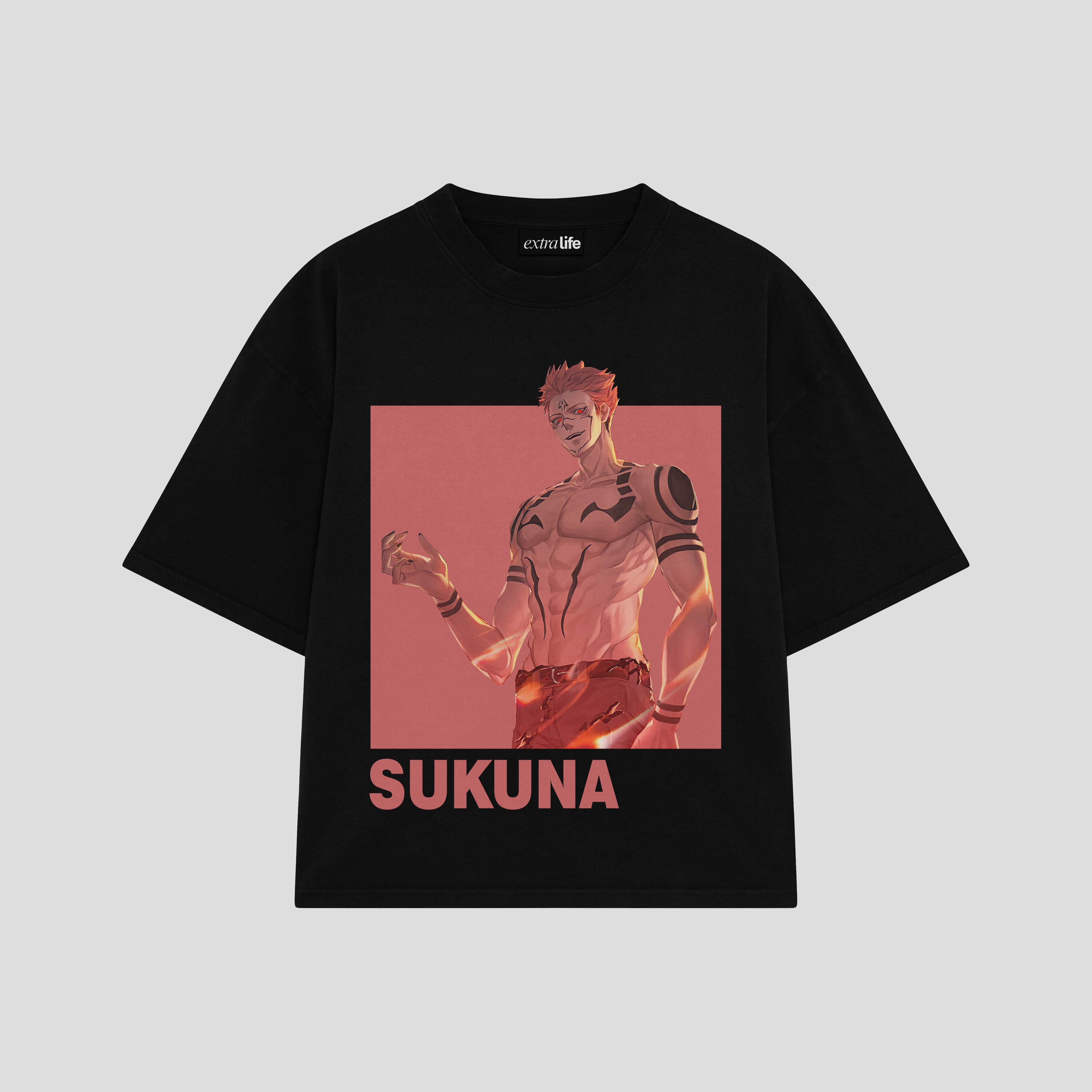 Playera streetwear premium de anime y gaming ExtraLife MX, corte boxy oversized drop shoulder heavyweight en color Deep Black y Off-White, moda urbana mexicana de culto.