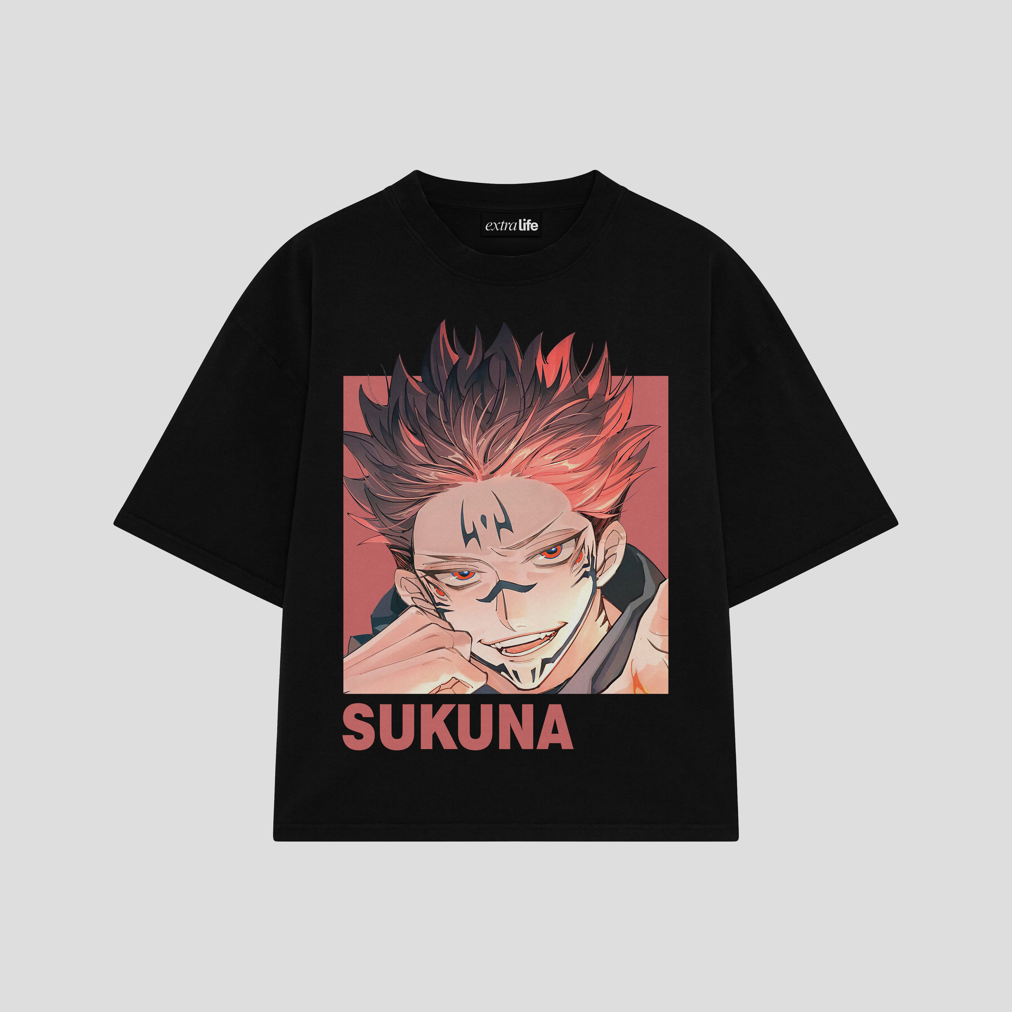 Playera streetwear premium de anime y gaming ExtraLife MX, corte boxy oversized drop shoulder heavyweight en color Deep Black y Off-White, moda urbana mexicana de culto.