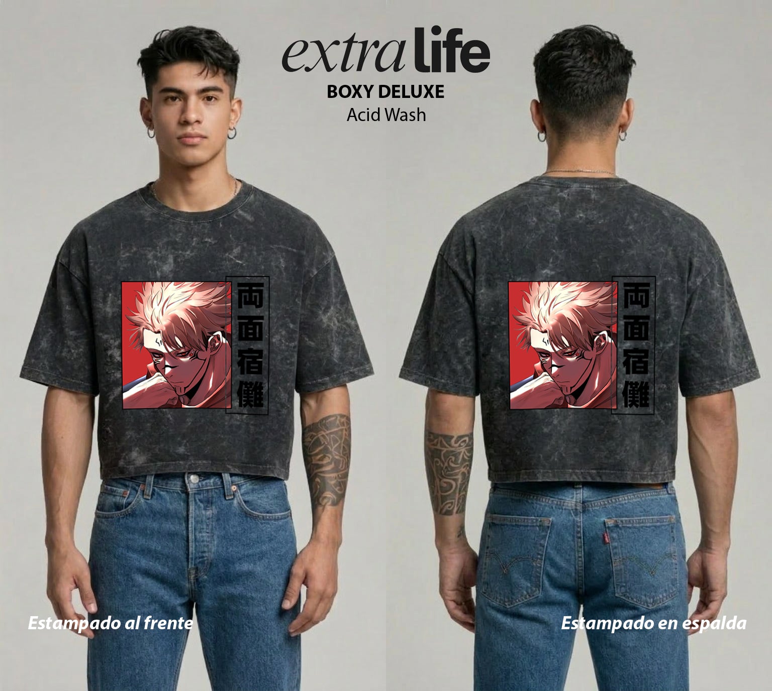 Playera streetwear premium de anime y gaming ExtraLife MX, corte boxy deluxe mineral wash heavyweight en color Acid Wash, moda urbana mexicana de culto.