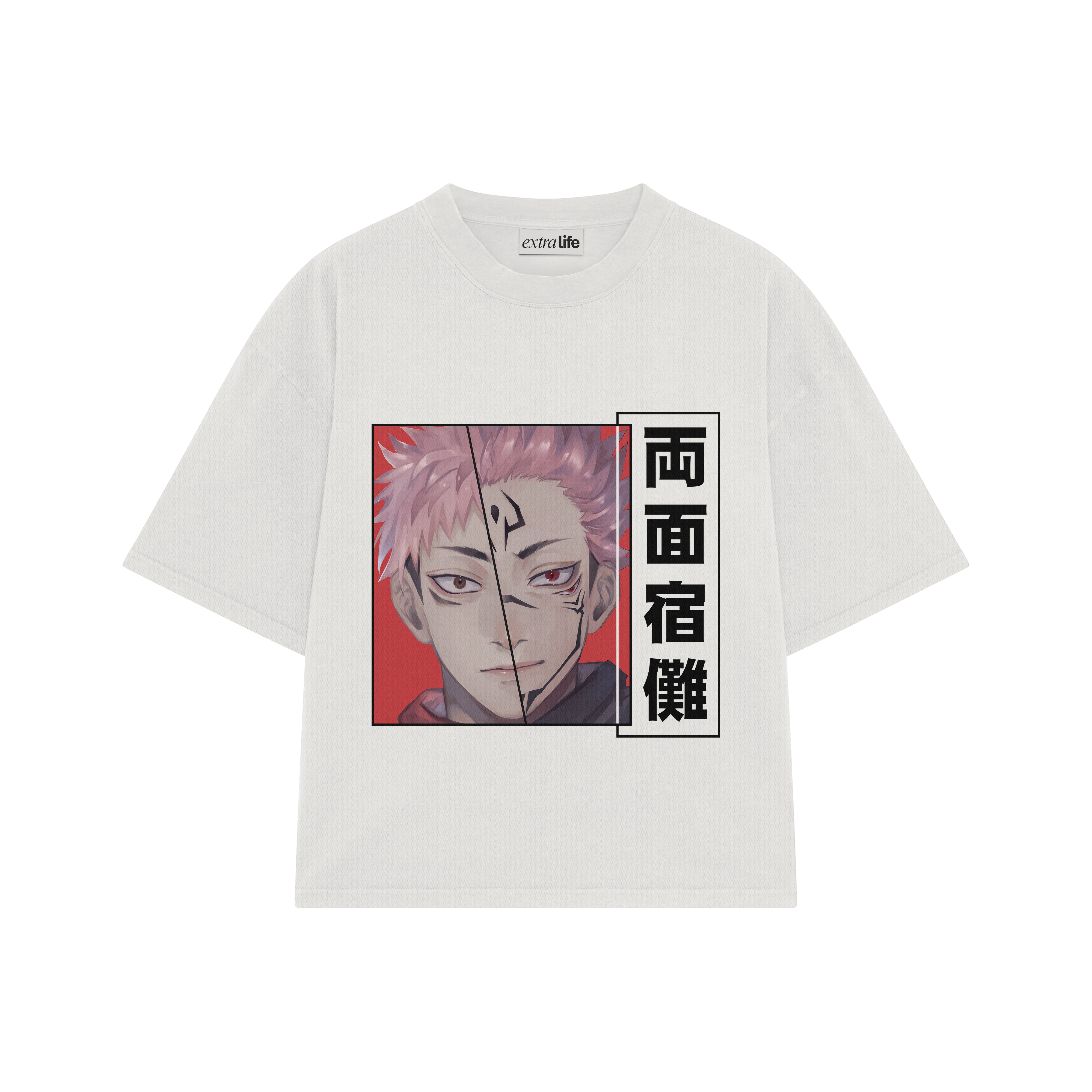 Playera streetwear premium de anime y gaming ExtraLife MX, corte boxy oversized drop shoulder heavyweight en color Deep Black y Off-White, moda urbana mexicana de culto.