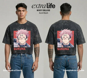 Playera streetwear premium de anime y gaming ExtraLife MX, corte boxy deluxe mineral wash heavyweight en color Acid Wash, moda urbana mexicana de culto.