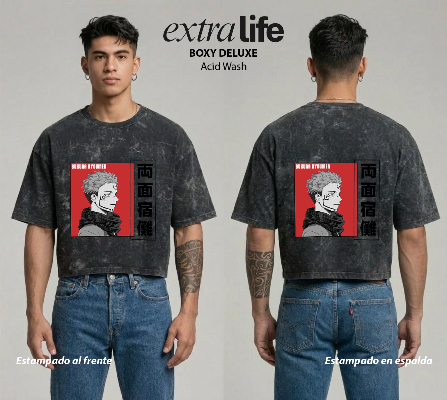 Playera streetwear premium de anime y gaming ExtraLife MX, corte boxy deluxe mineral wash heavyweight en color Acid Wash, moda urbana mexicana de culto.