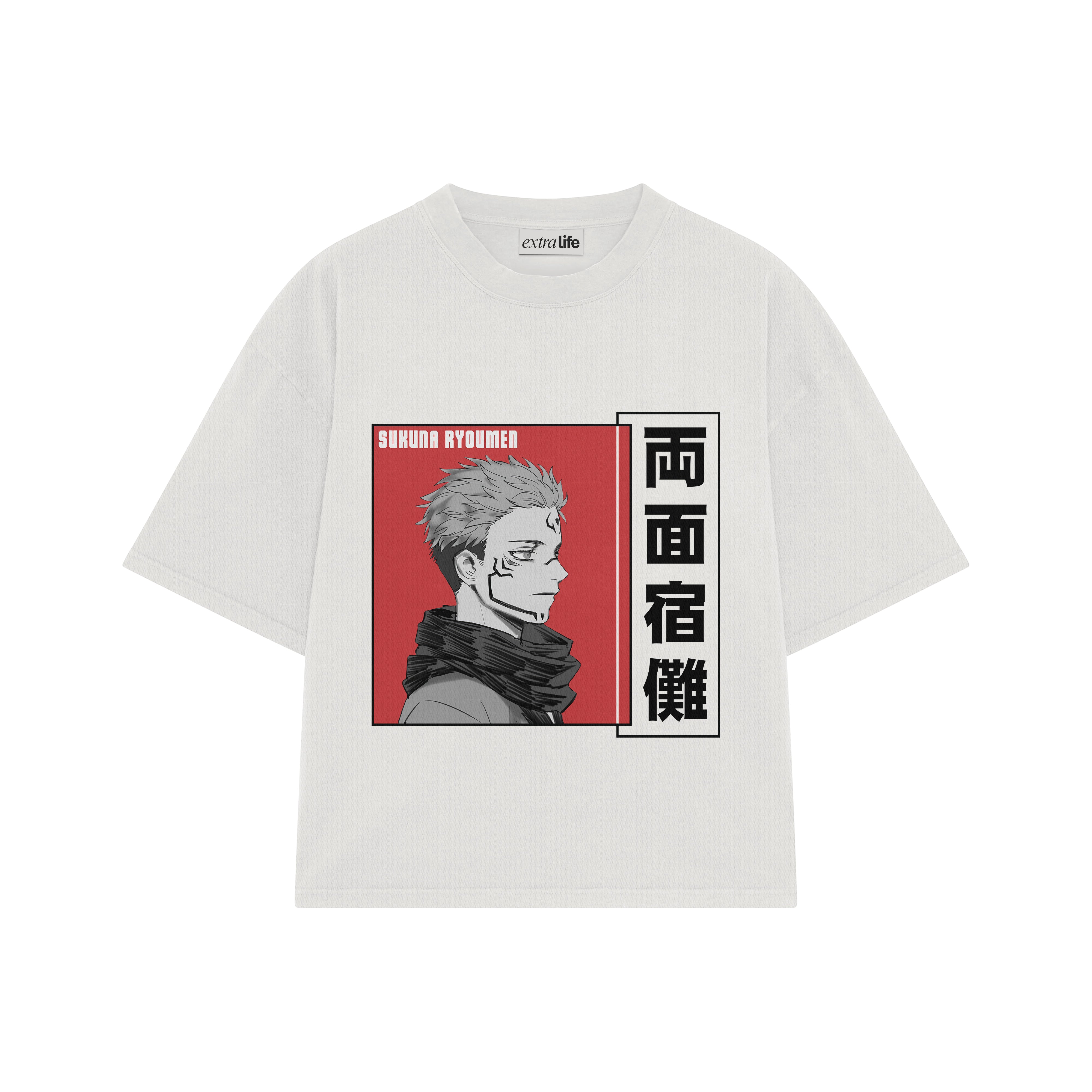 Playera streetwear premium de anime y gaming ExtraLife MX, corte boxy oversized drop shoulder heavyweight en color Deep Black y Off-White, moda urbana mexicana de culto.