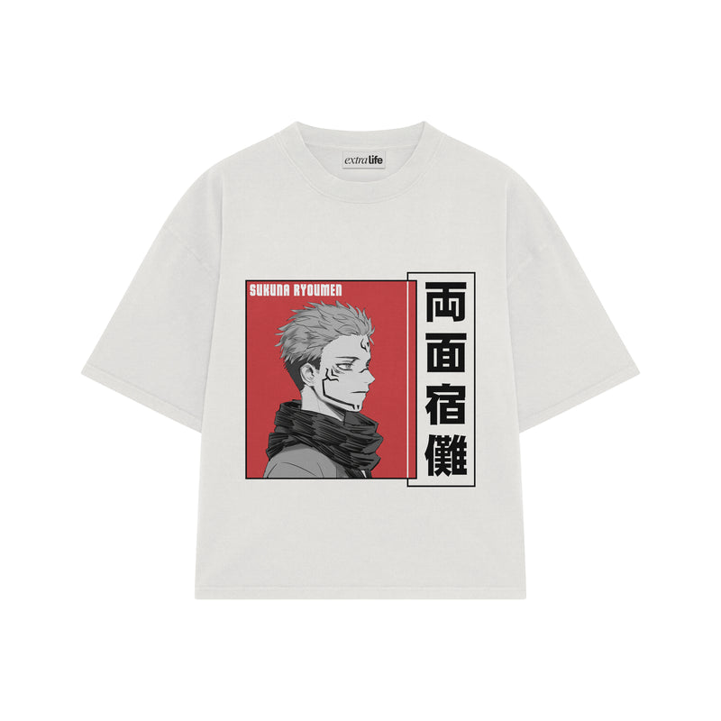 Playera streetwear premium de anime y gaming ExtraLife MX, corte boxy oversized drop shoulder heavyweight en color Deep Black y Off-White, moda urbana mexicana de culto.