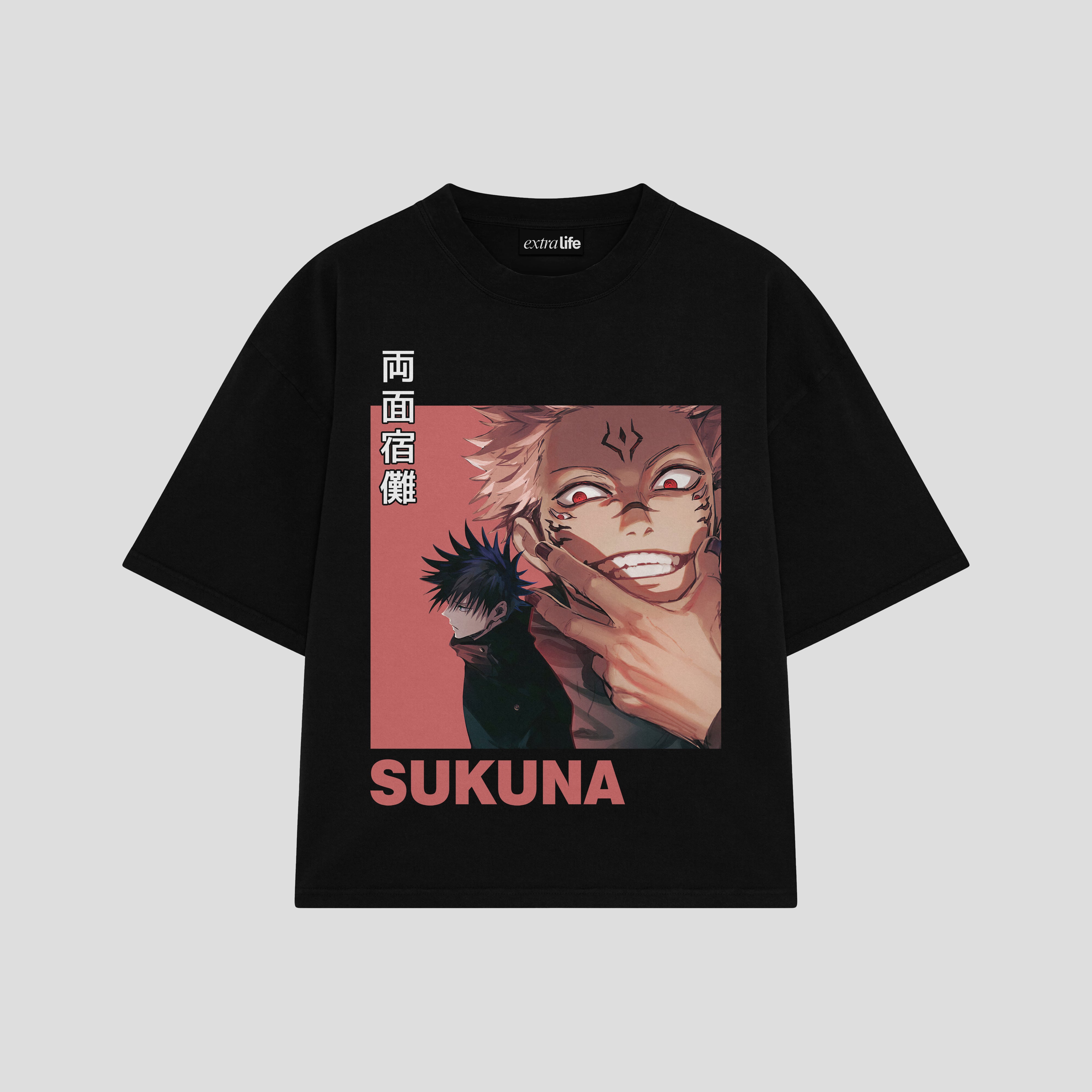 Playera streetwear premium de anime y gaming ExtraLife MX, corte boxy oversized drop shoulder heavyweight en color Deep Black y Off-White, moda urbana mexicana de culto.