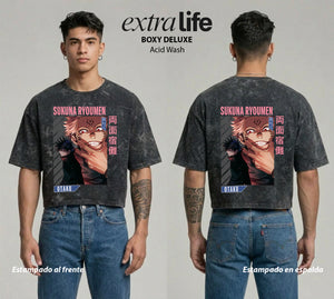 Playera streetwear premium de anime y gaming ExtraLife MX, corte boxy deluxe mineral wash heavyweight en color Acid Wash, moda urbana mexicana de culto.