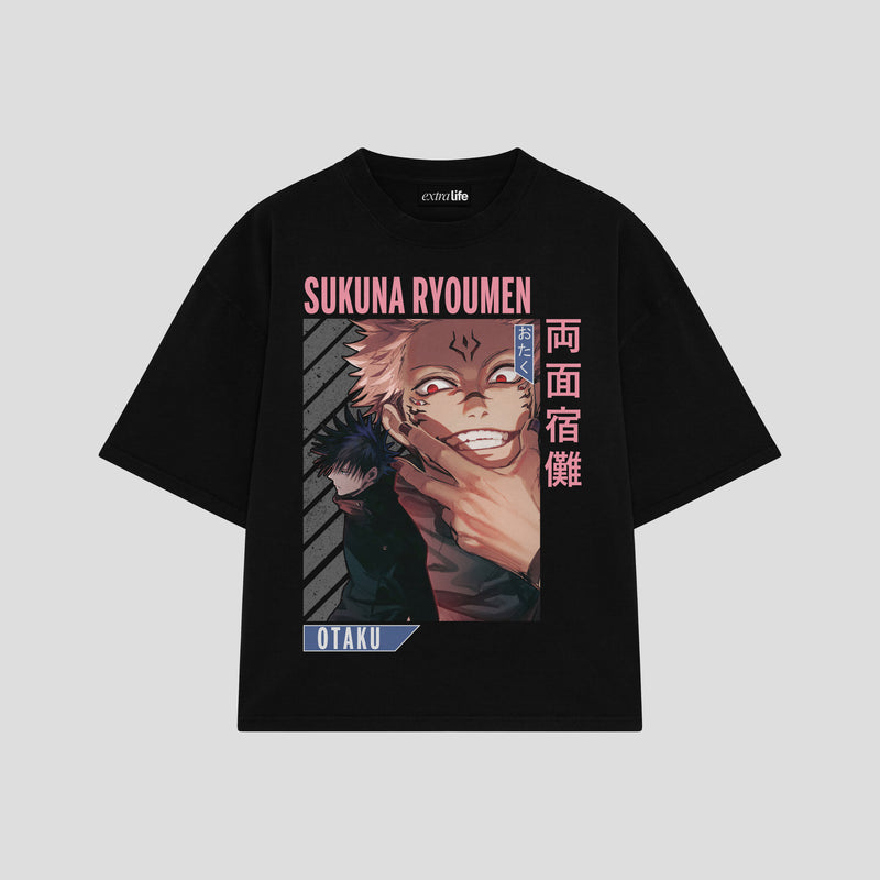 Playera streetwear premium de anime y gaming ExtraLife MX, corte boxy oversized drop shoulder heavyweight en color Deep Black y Off-White, moda urbana mexicana de culto.