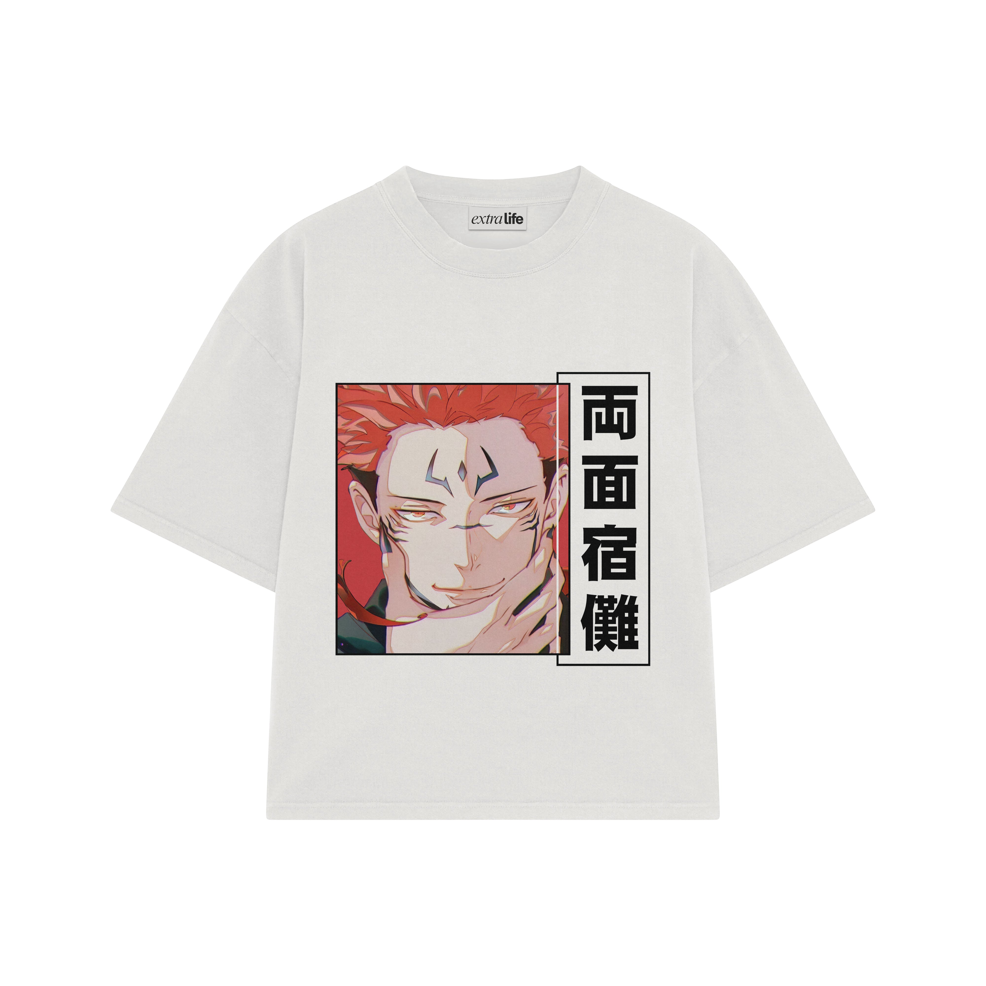 Playera streetwear premium de anime y gaming ExtraLife MX, corte boxy oversized drop shoulder heavyweight en color Deep Black y Off-White, moda urbana mexicana de culto.