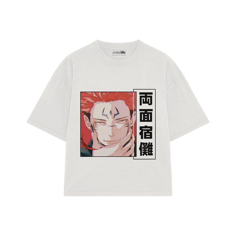 Playera streetwear premium de anime y gaming ExtraLife MX, corte boxy oversized drop shoulder heavyweight en color Deep Black y Off-White, moda urbana mexicana de culto.