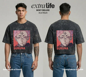 Playera streetwear premium de anime y gaming ExtraLife MX, corte boxy deluxe mineral wash heavyweight en color Acid Wash, moda urbana mexicana de culto.