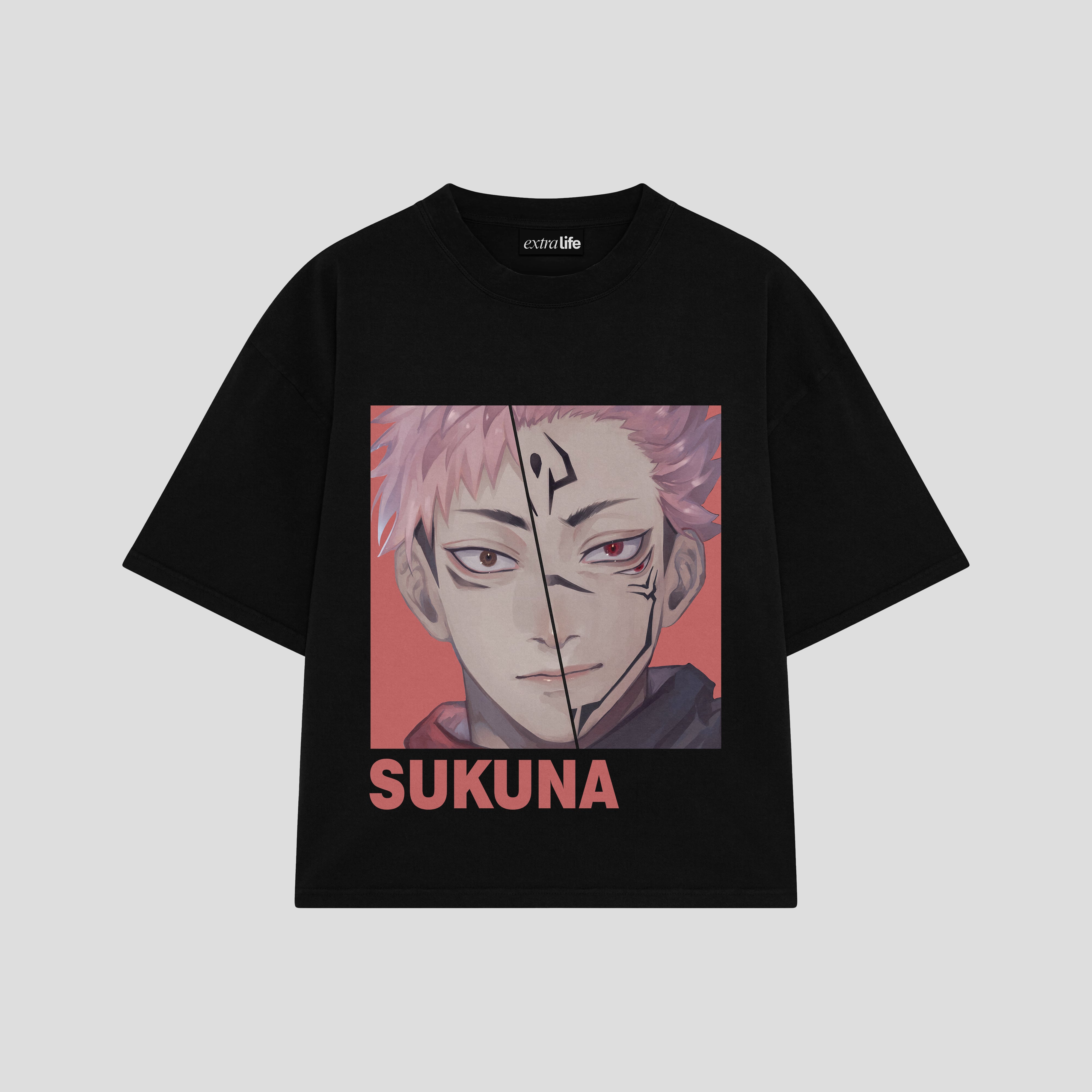 Playera streetwear premium de anime y gaming ExtraLife MX, corte boxy oversized drop shoulder heavyweight en color Deep Black y Off-White, moda urbana mexicana de culto.