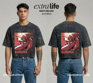 Playera streetwear premium de anime y gaming ExtraLife MX, corte boxy deluxe mineral wash heavyweight en color Acid Wash, moda urbana mexicana de culto.
