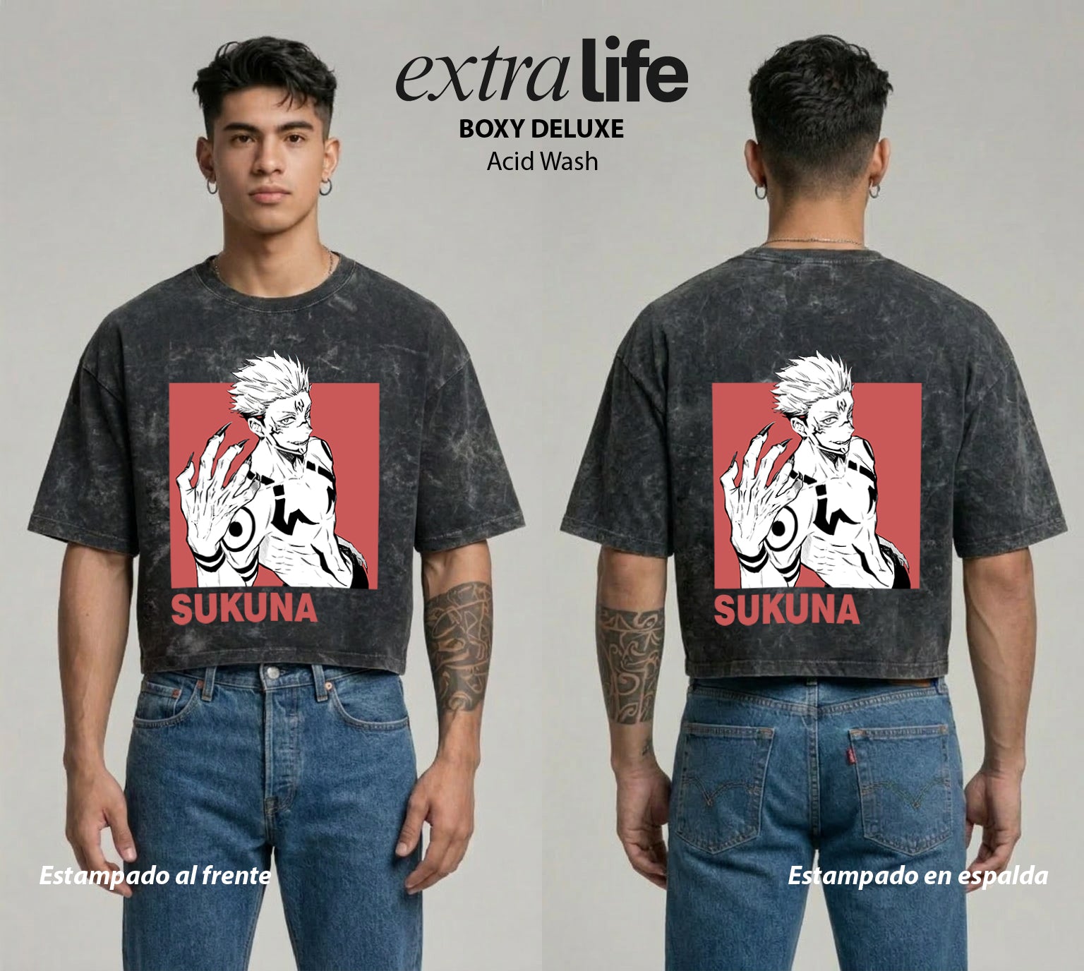 Playera streetwear premium de anime y gaming ExtraLife MX, corte boxy deluxe mineral wash heavyweight en color Acid Wash, moda urbana mexicana de culto.