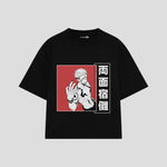 Playera streetwear premium de anime y gaming ExtraLife MX, corte boxy oversized drop shoulder heavyweight en color Deep Black y Off-White, moda urbana mexicana de culto.